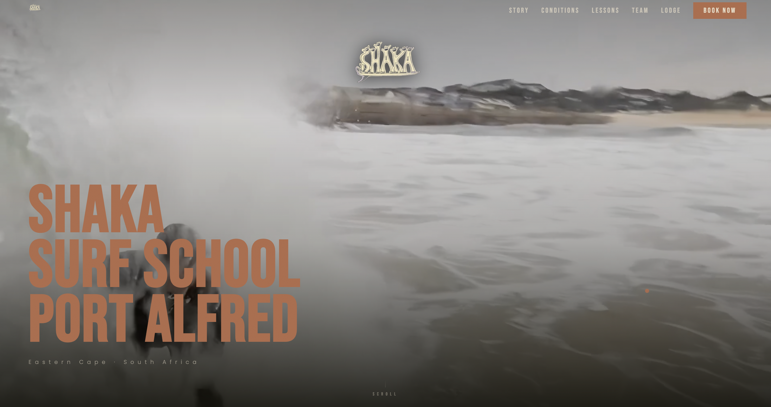 Shaka Surf School website hero showing barrel surfer in burnt orange type